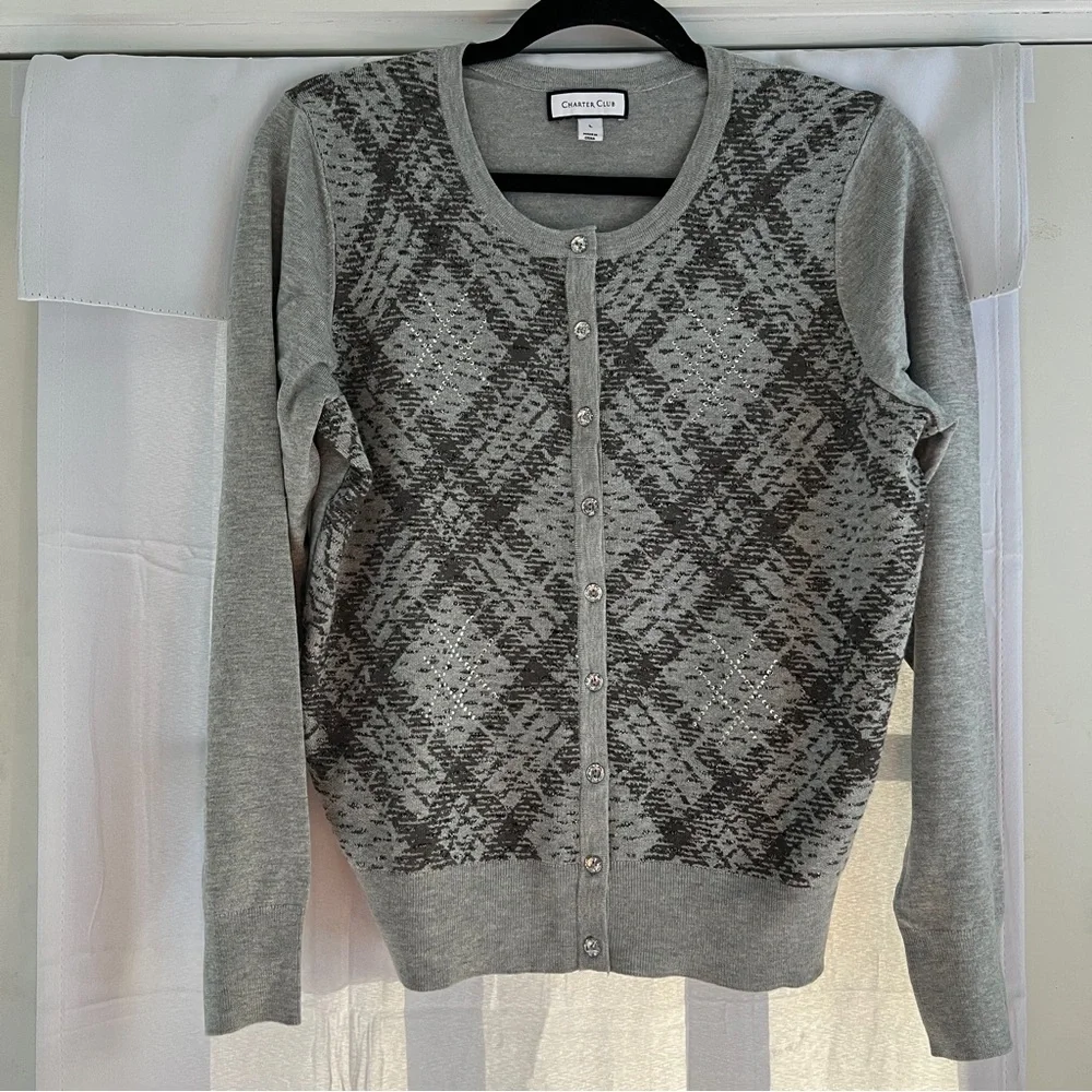 CHARTER CLUB Grey sweater Shiny Embellishments cardigan long sleeves Large EUC - Picture 2 of 10